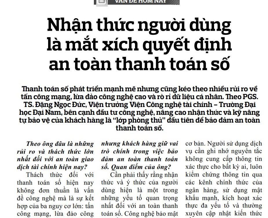 PGS.TS. Đặng Ngọc Đức: Nhận thức người dùng là mắt xích quyết định an toàn thanh toán số